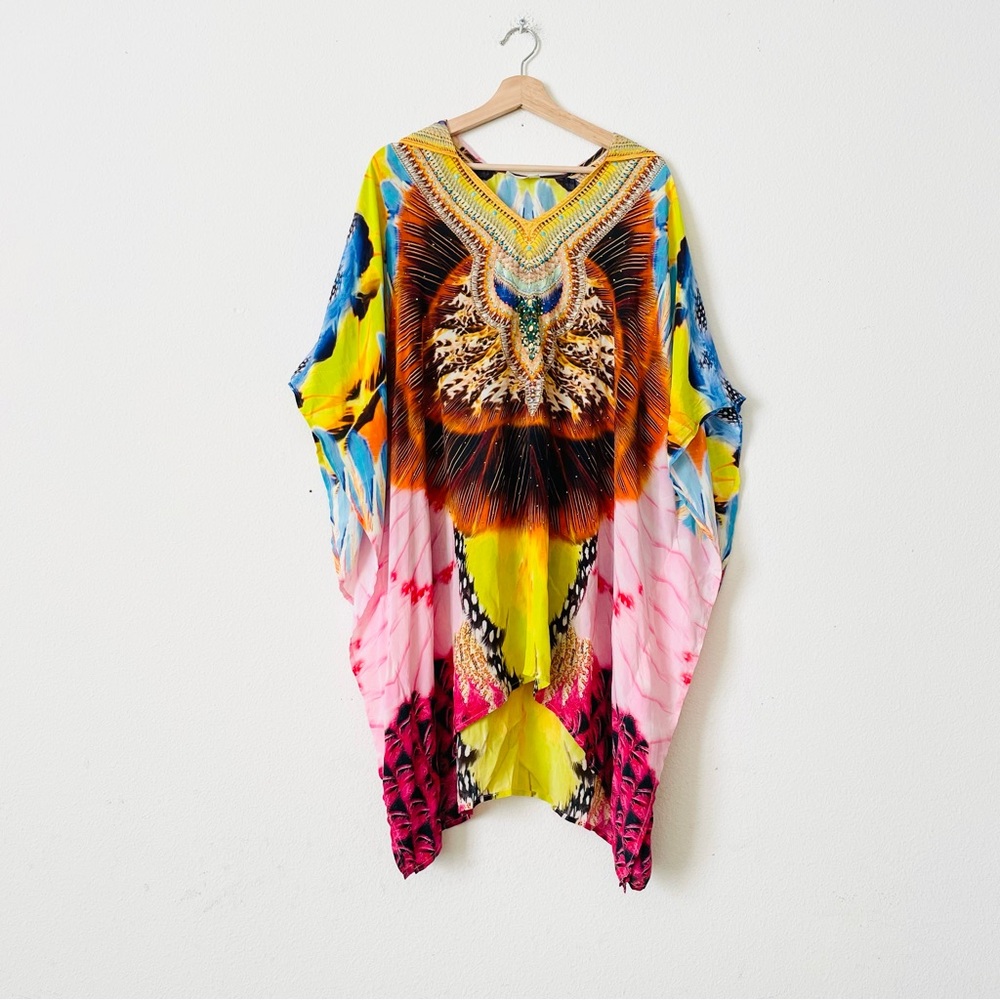 Camilla ONE SIZE 100% silk short hooded embellished bling kaftan